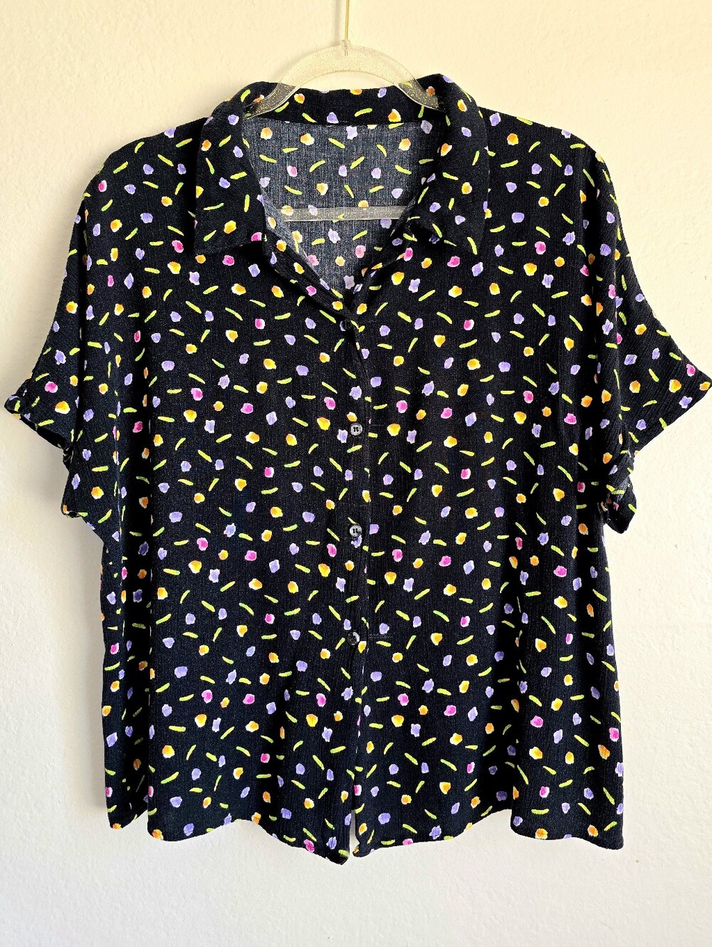 🌈90's Confetti Bright Abstract Floral Polka Dots Button Up Vintage Top🌈 - Picture 8 of 8